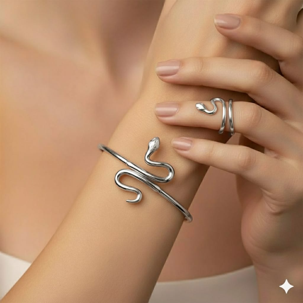 Snake Cuff Bangle Bracelets & Ring for Women - 18K Gold, Silver, Rose Gold Plated
