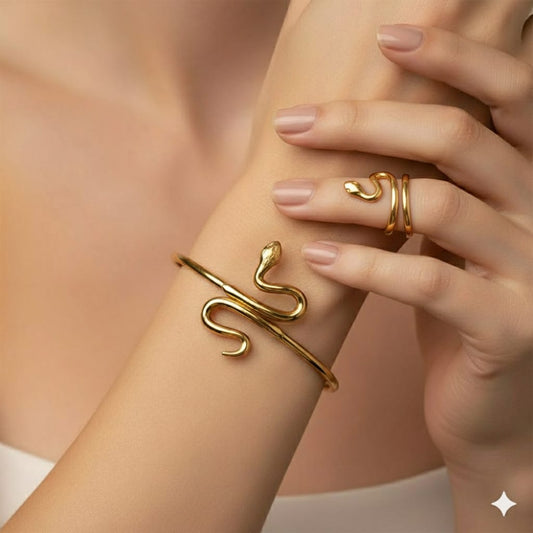 Snake Cuff Bangle Bracelets & Ring for Women - 18K Gold, Silver, Rose Gold Plated