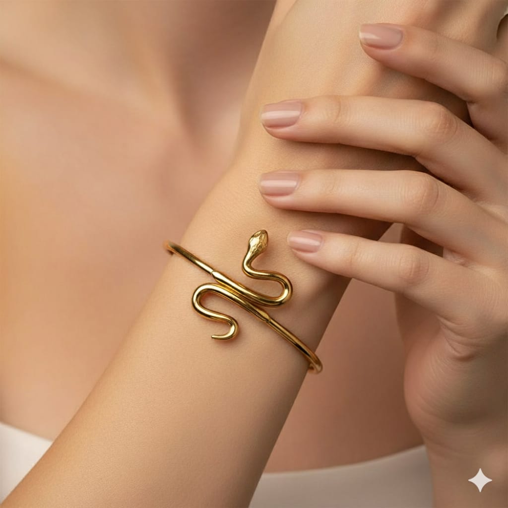 Snake Cuff Bangle Bracelets & Ring for Women - 18K Gold, Silver, Rose Gold Plated